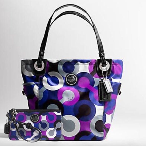 Coach Alex Op Art Purple Multiprint Tote Handbag & Alex Multi Wristlet Set